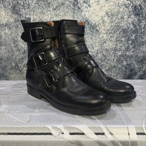 Frye black leather buckle motorcycle boots
